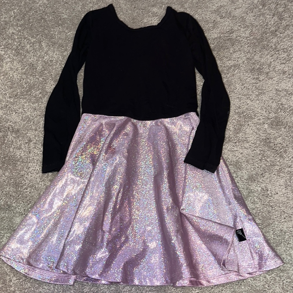 Girls' Black Top with Pink Holographic Skirt Casual Dress
